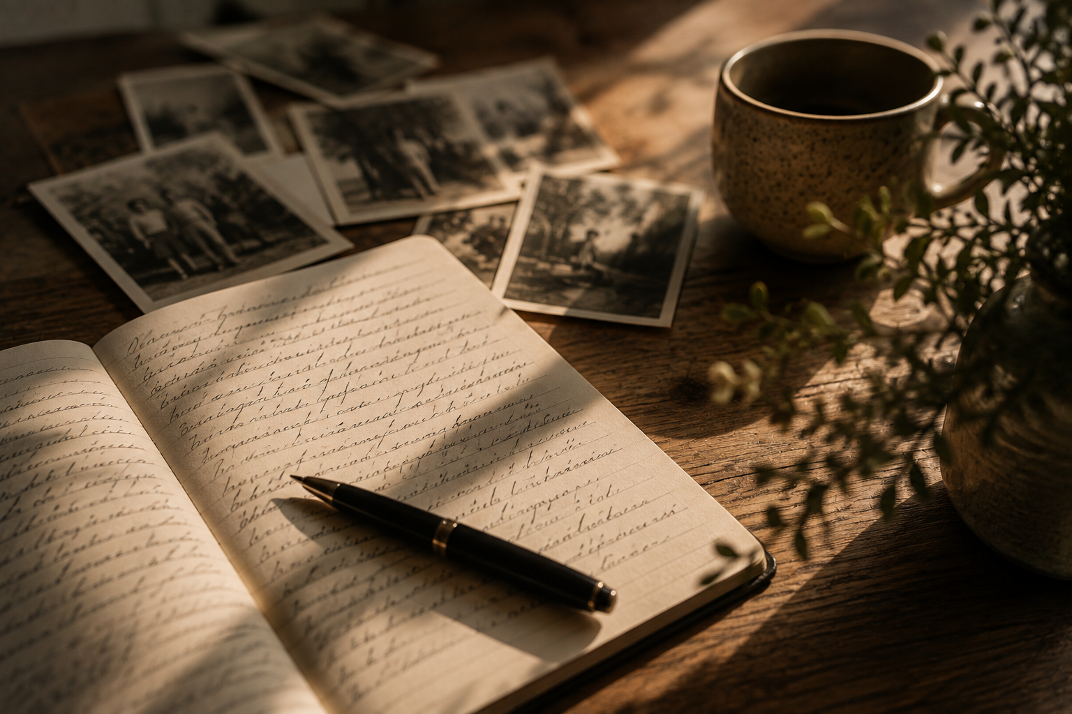 A notebook, pen and photographs on a sunlit wooden table — the human detail