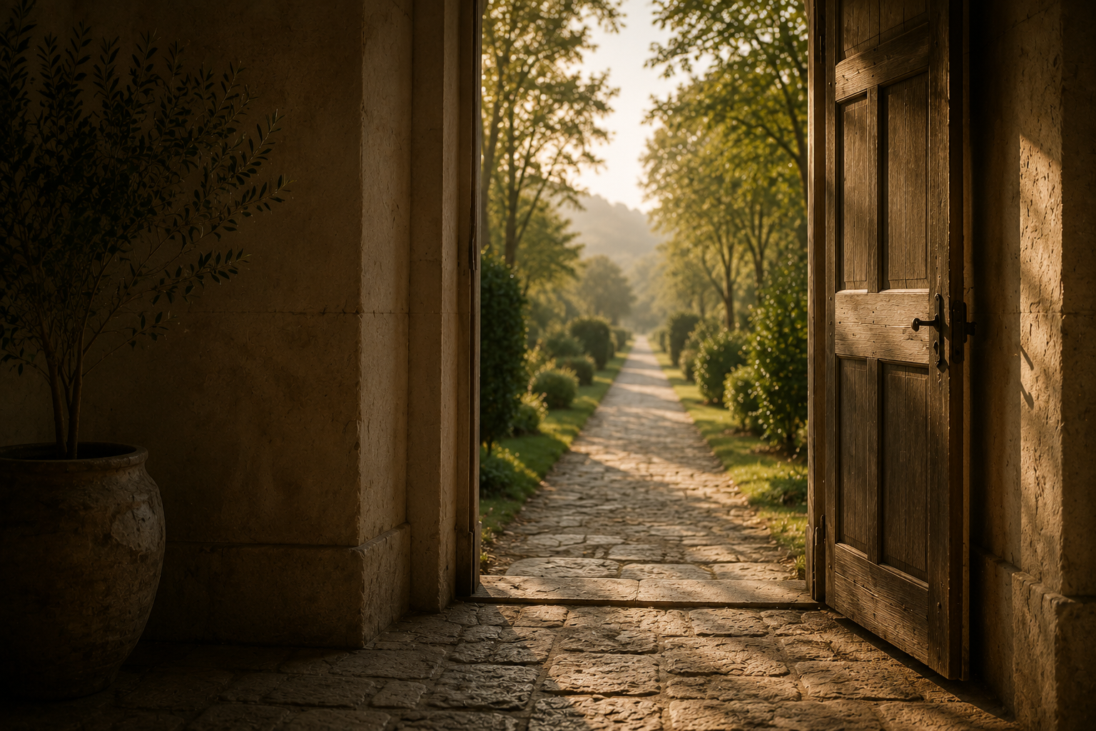 An open wooden door leading to a sunlit garden path — the passage